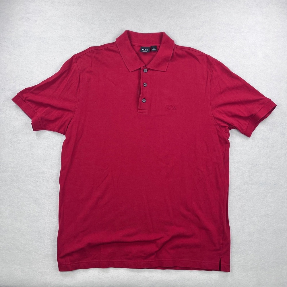 Hugo Boss Mens Red Pima Cotton Short Sleeve Polo Shirt Size L Logo Collared - Picture 2 of 9